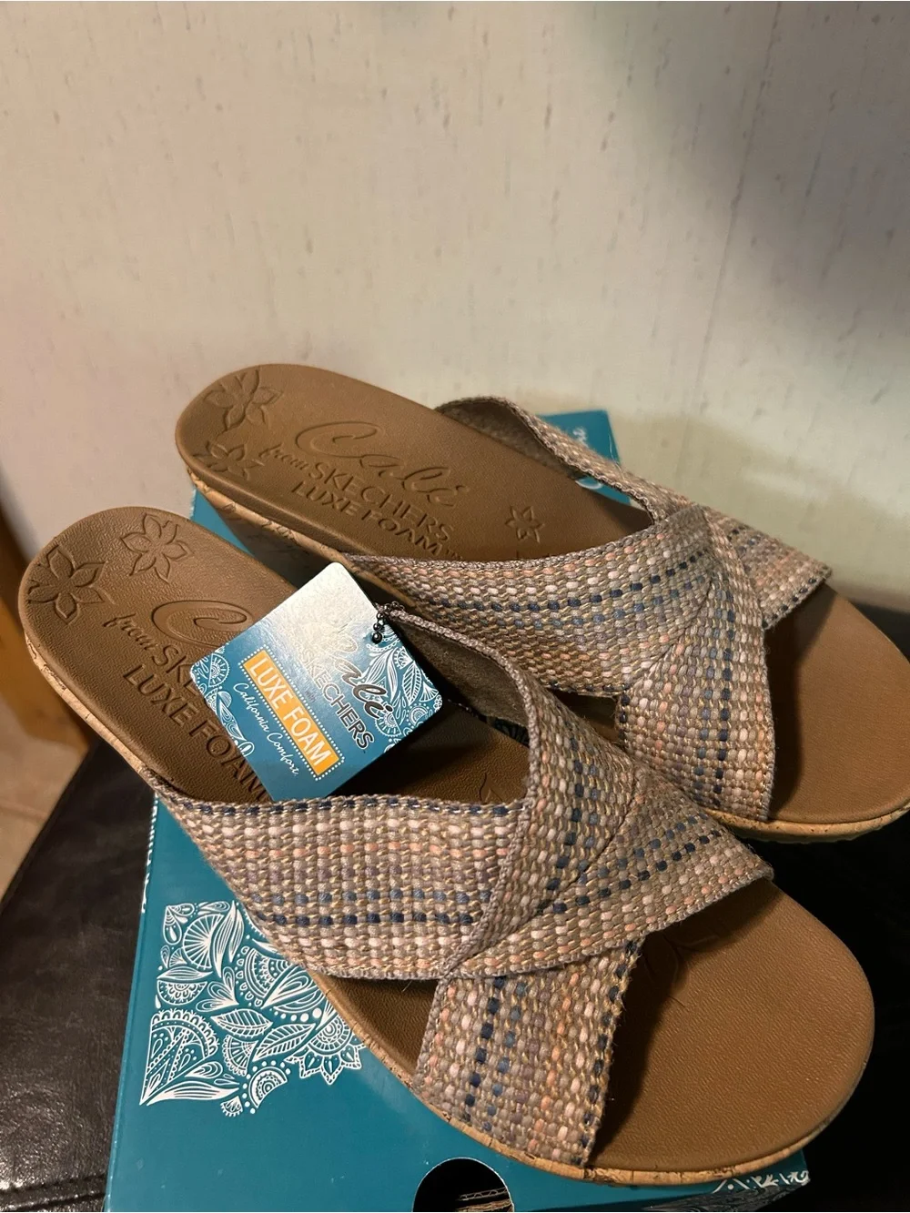 Skechers Woven Cross-Strap Cork Wedge Sandals in Beige and Multi Colors